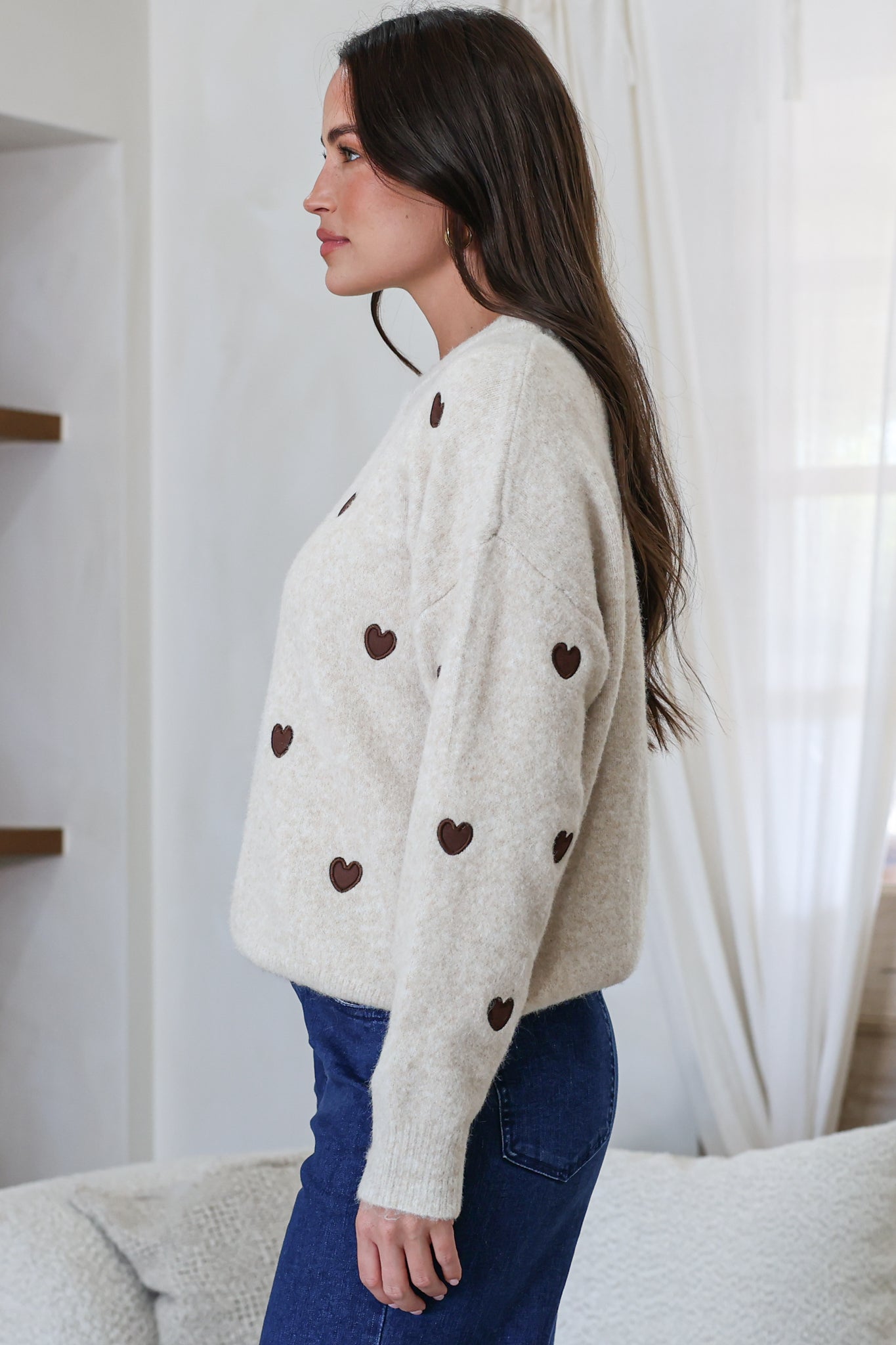 Hartley Jumper - Crew Neck Embroidered Heart Motif Knit in Cream