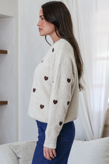 Hartley Jumper - Crew Neck Embroidered Heart Motif Knit in Cream