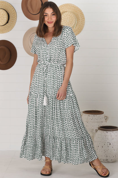Derla Maxi Dress - V Neck Cap Sleeve Pull Tie Waist A Line Dress in Maryanne Print Green