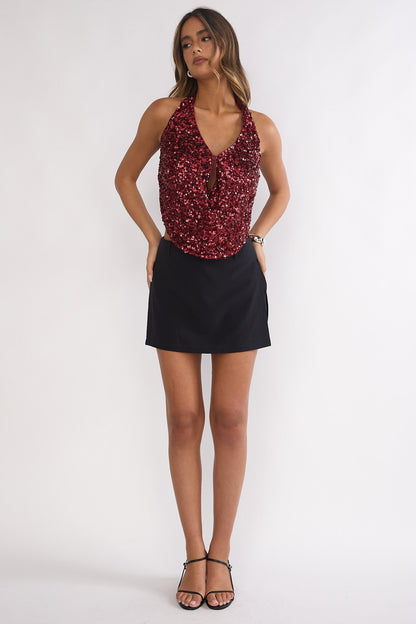 Marquess Backless Halter Top Sequin Cherry