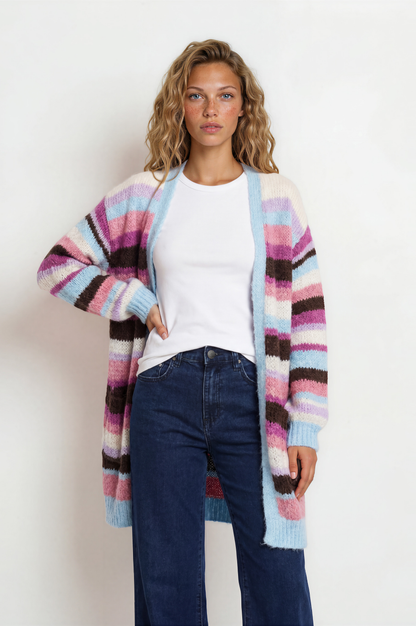 Iggy Cardigan - Open Front Stripe Knit with Pockets in Blue/Purple