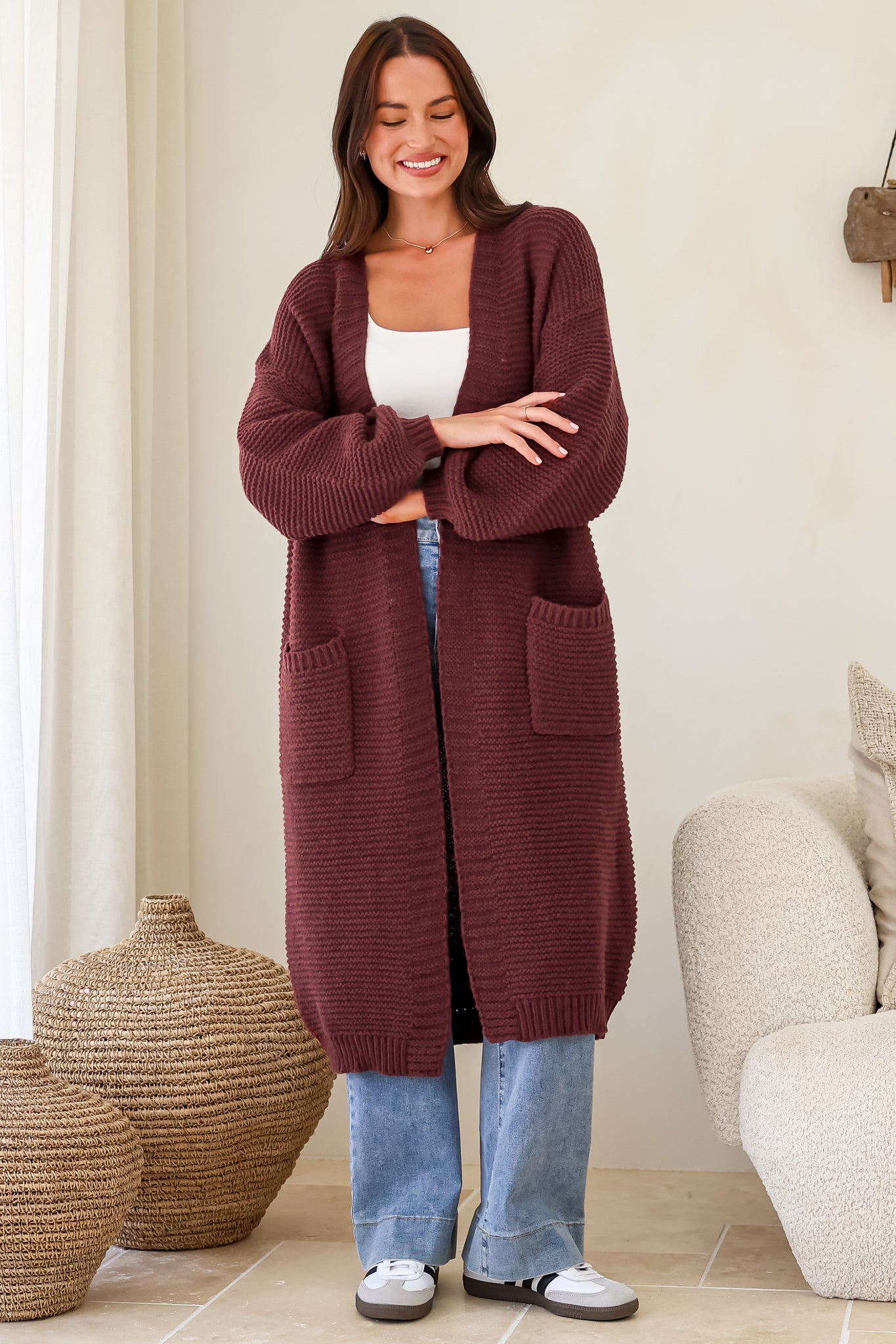 Jacky Cardigan - Ribbed Longline Knit with Balloon Sleeves and Pockets in Wine