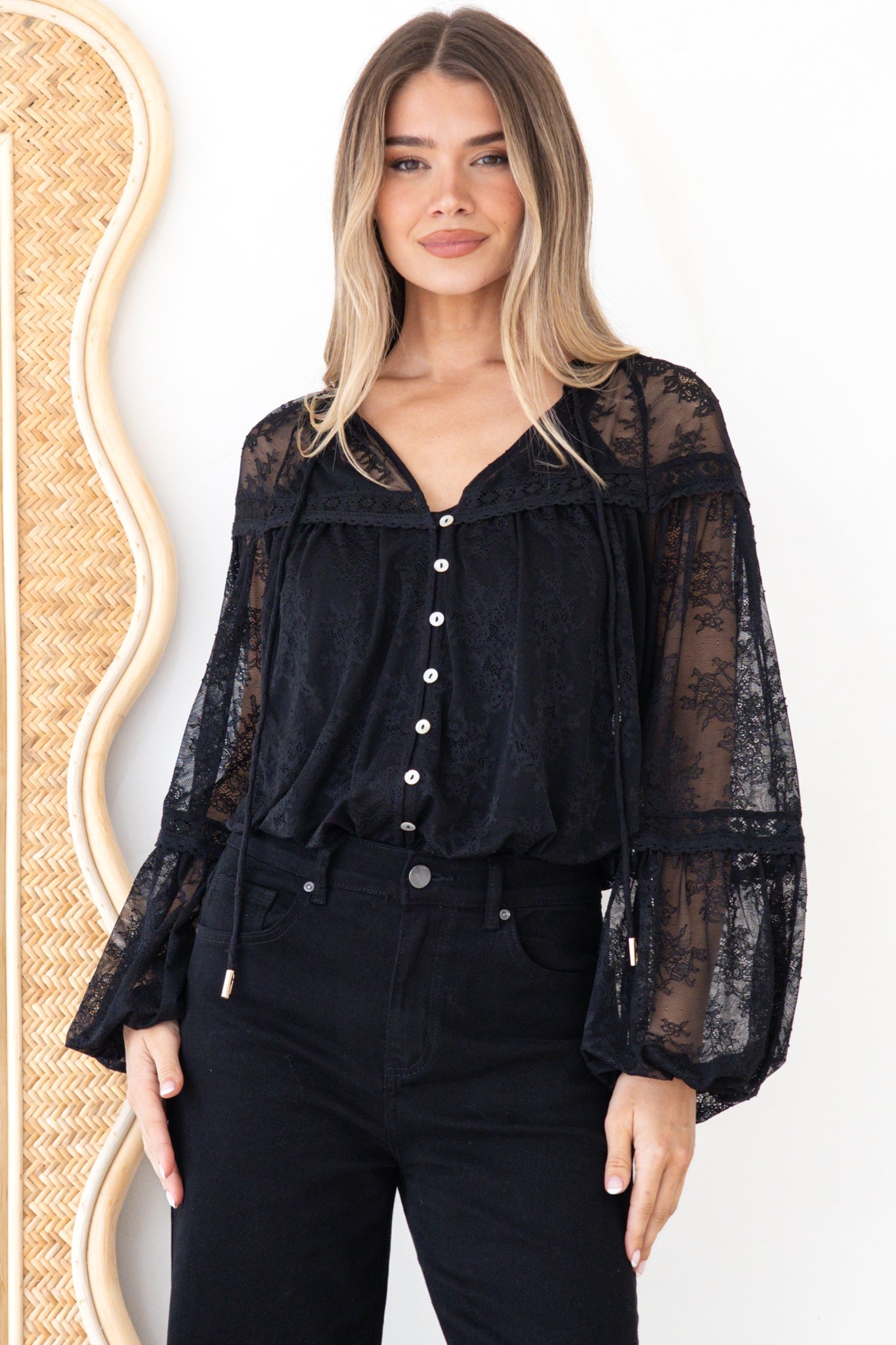 Jocelyn Blouse - Lace Button Down with Cami and Balloon Sleeves in Black