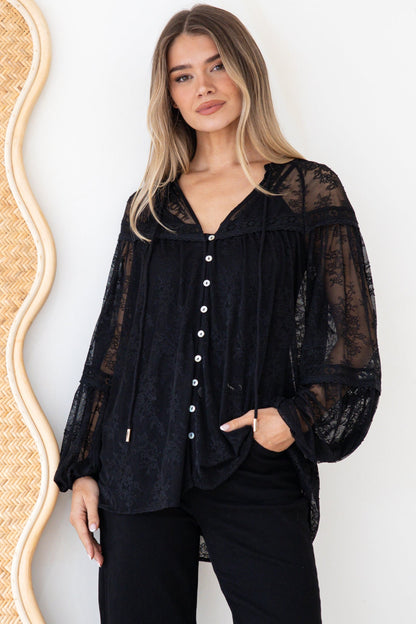 Jocelyn Blouse - Lace Button Down with Cami and Balloon Sleeves in Black