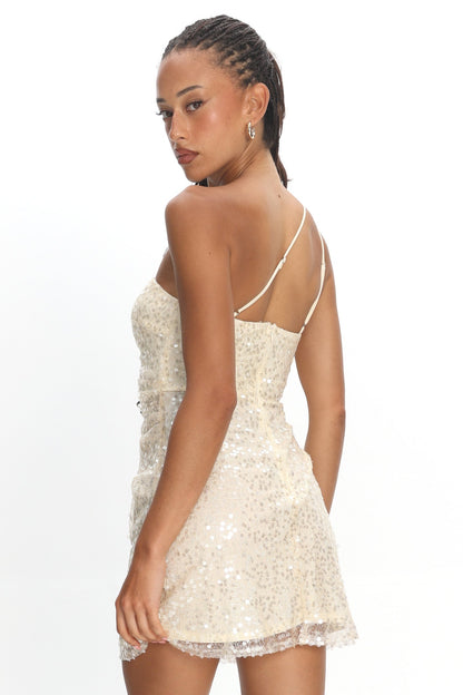 Disco Baby One-Shoulder Sequin Mini Dress Nude