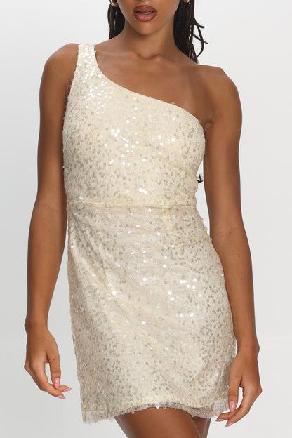 Disco Baby One-Shoulder Sequin Mini Dress Nude