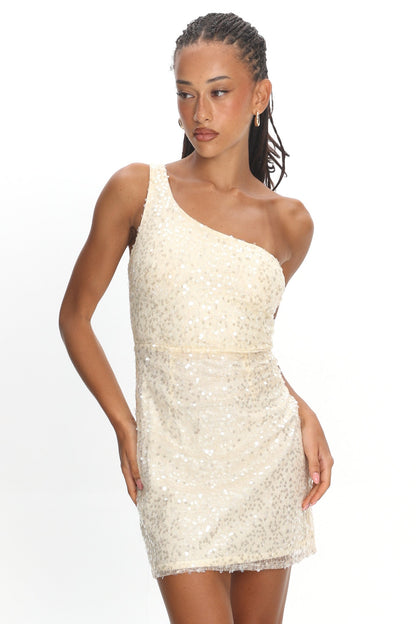 Disco Baby One-Shoulder Sequin Mini Dress Nude