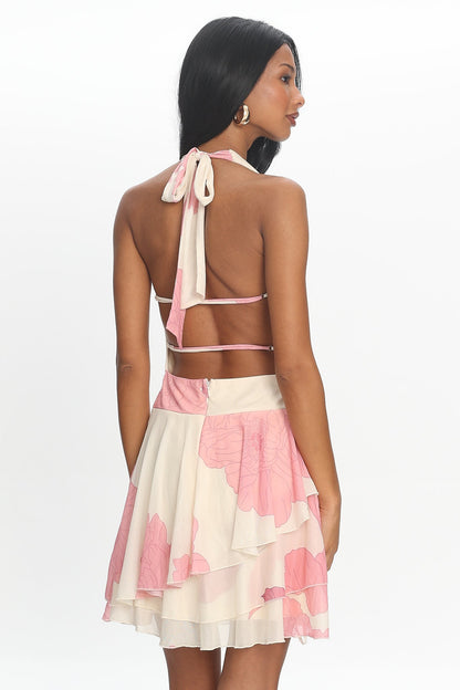 Sumi Cowl Ruffle Mini Dress Floral Blush