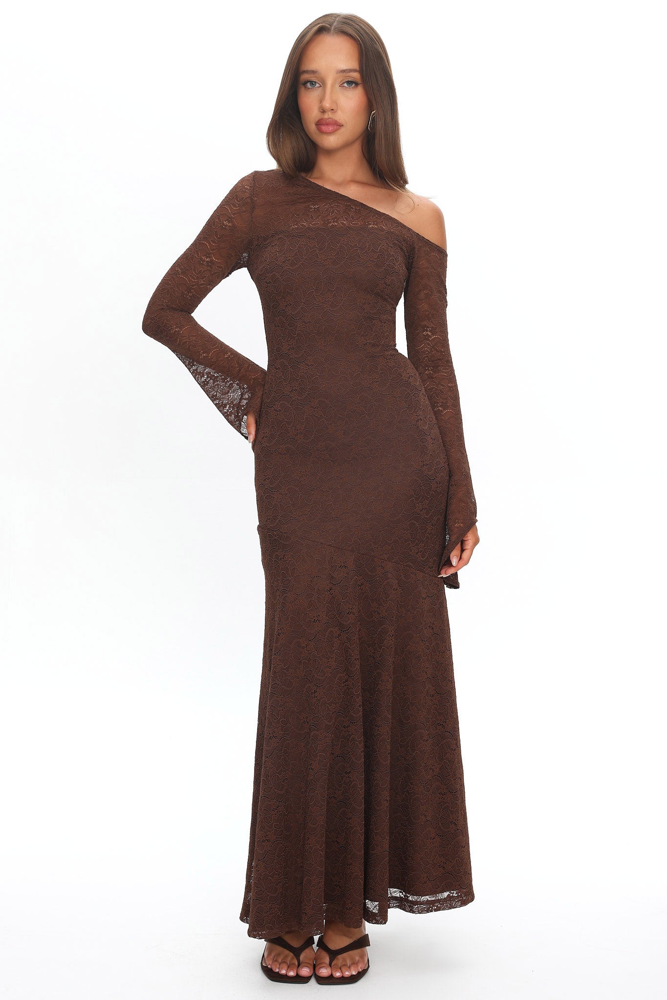Lylah Asymmetric Neckline Long Sleeve Maxi Dress Lace Chocolate