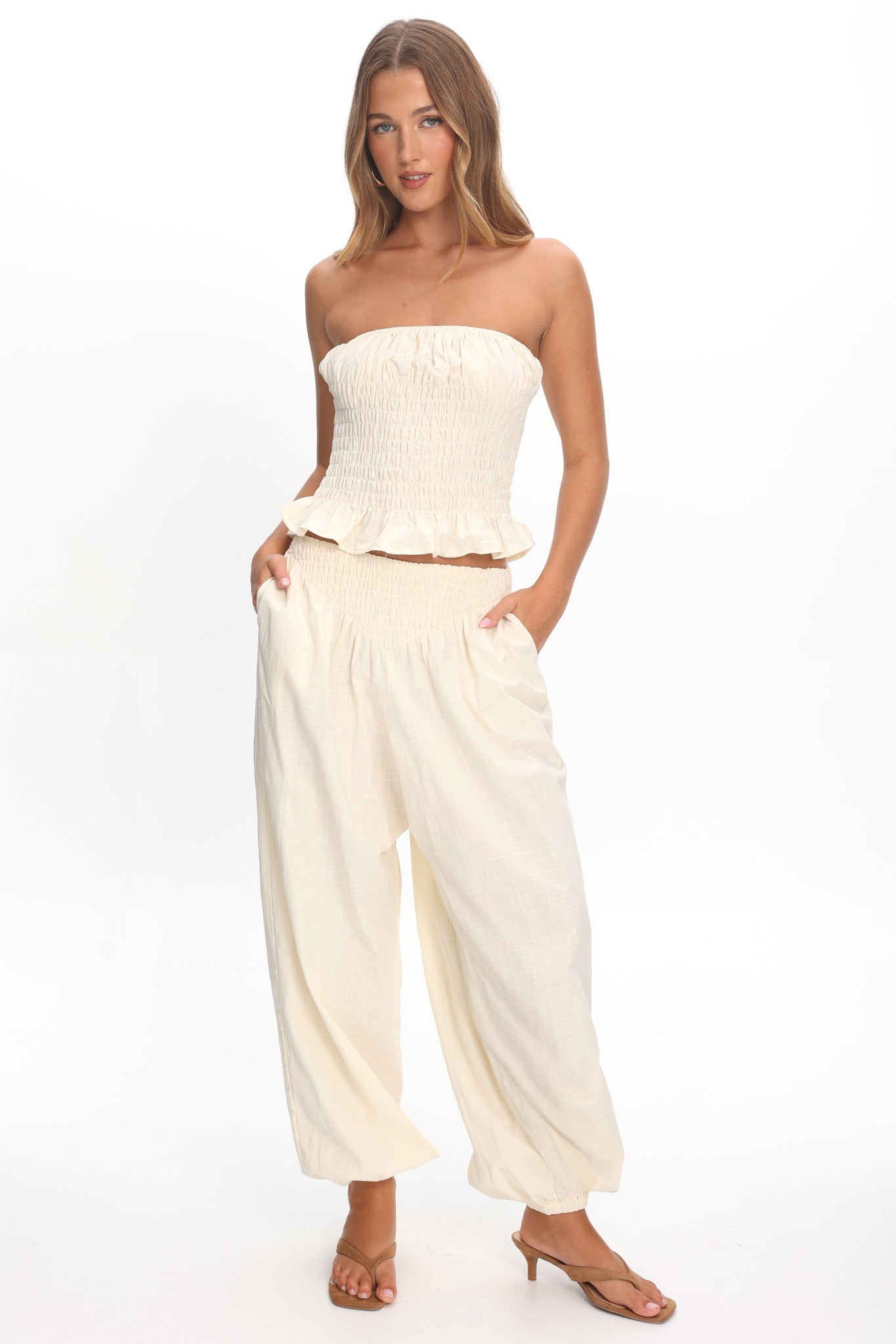 Norina Shirred Waist Pants Cream