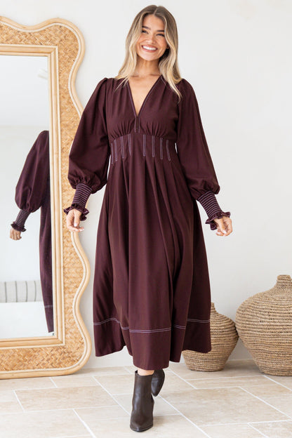 Karey Midi Dress - Fit and Flare Contrast Stitching Dress in Wine
