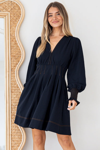 Karey Mini Dress - Fit and Flare Contrasr Stitching Dress in Dark Denim