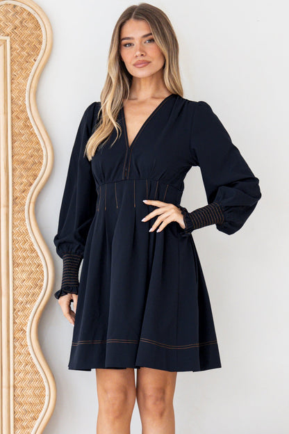 Karey Mini Dress - Fit and Flare Contrasr Stitching Dress in Dark Denim