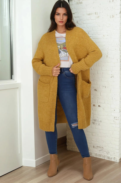 Kartika Cardigan - Long Ribbed Cuff and Hem Cardigan with Pockets in Mustard
