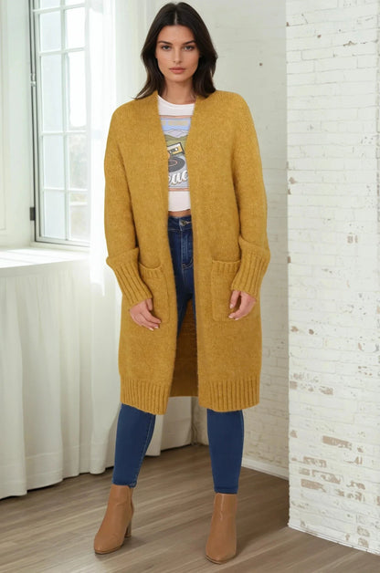 Kartika Cardigan - Long Ribbed Cuff and Hem Cardigan with Pockets in Mustard