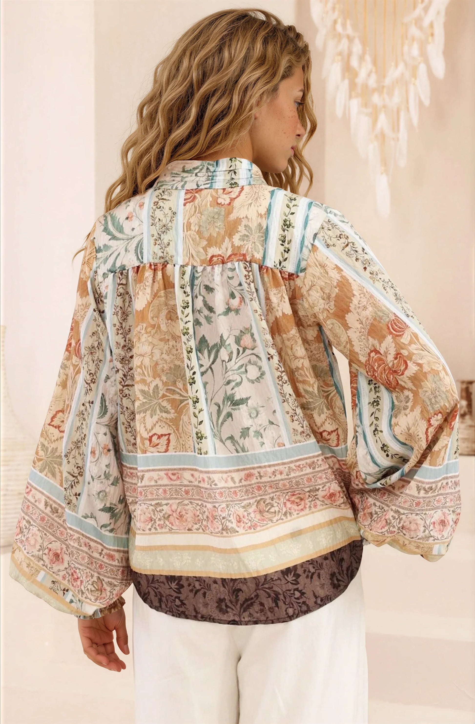 Kiralee Blouse - Mock Split Collar Balloon Sleeve Button Down Shirt in Lyla Print