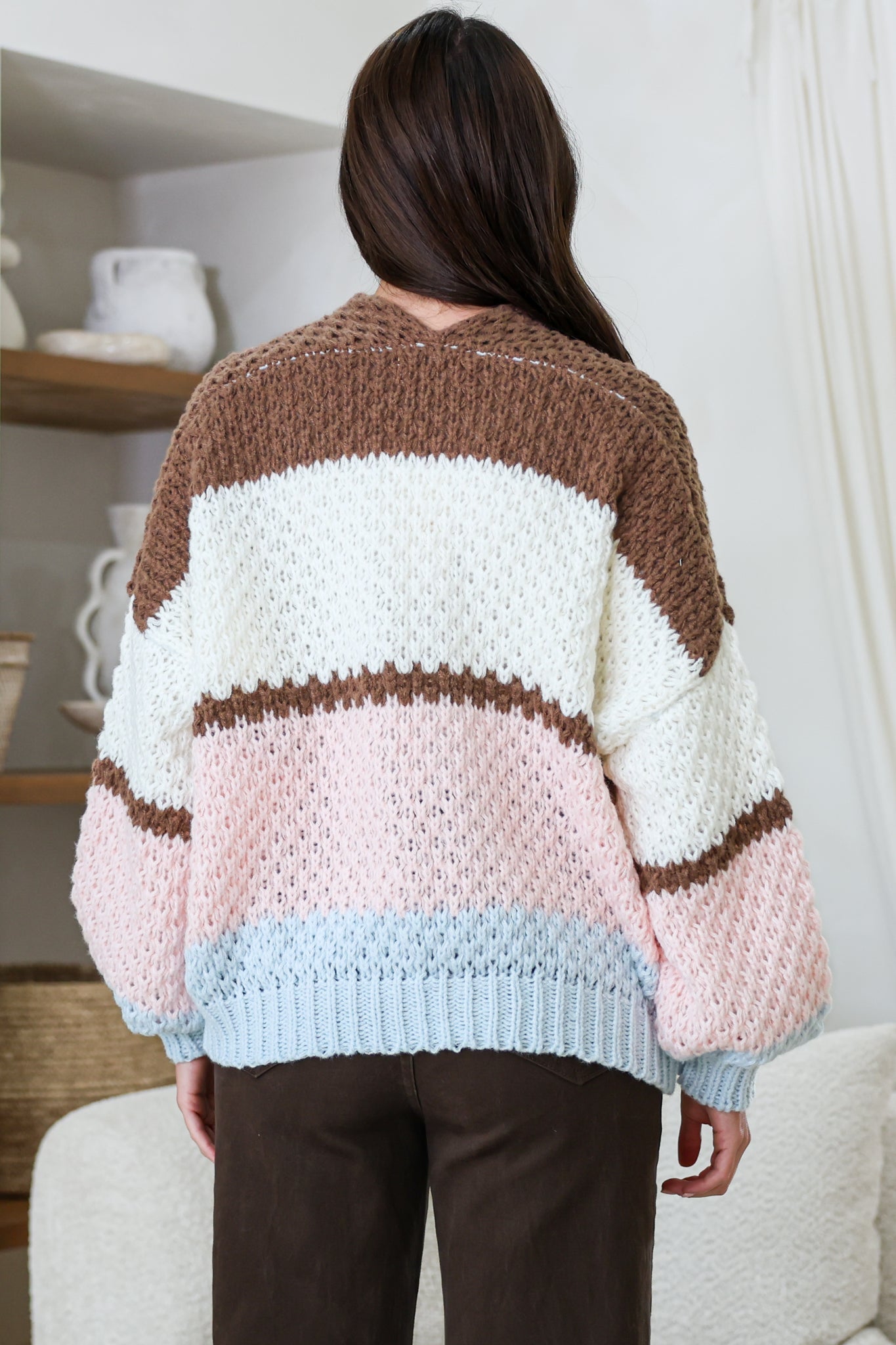 Lane Cardigan - Cropped Open Lattice Knit with Pockets and Balloon Sleeves in Marshmallow