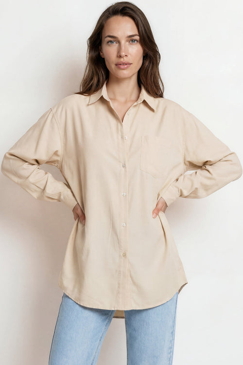 Lopez Shirt - Wing Collared Oversized Button Down with Bodice Pocket in Beige