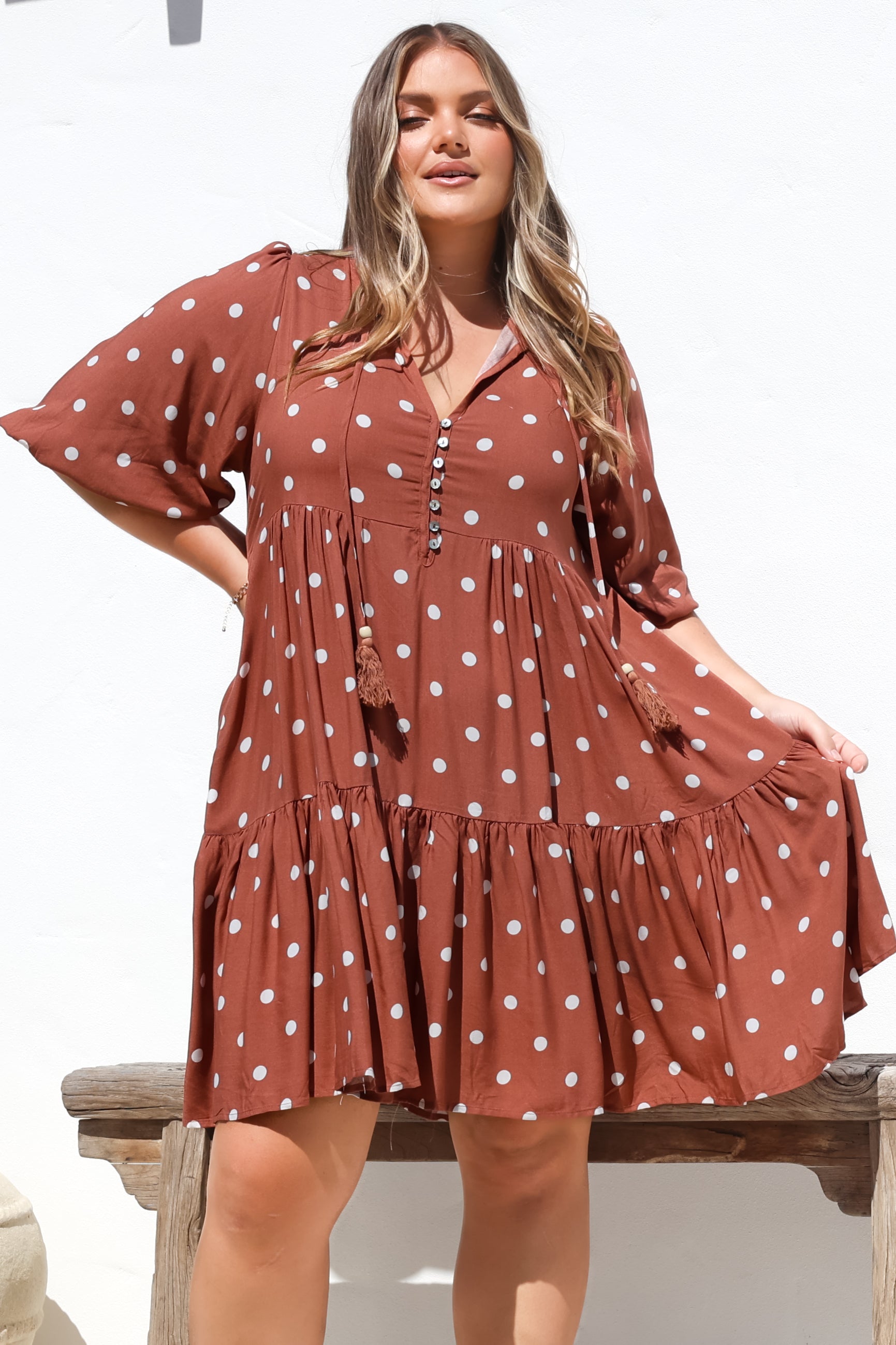 Marah Mini Dress - Mandarin Collar Short Sleeve with Tie Smock Dress in Parisian Polka Rust