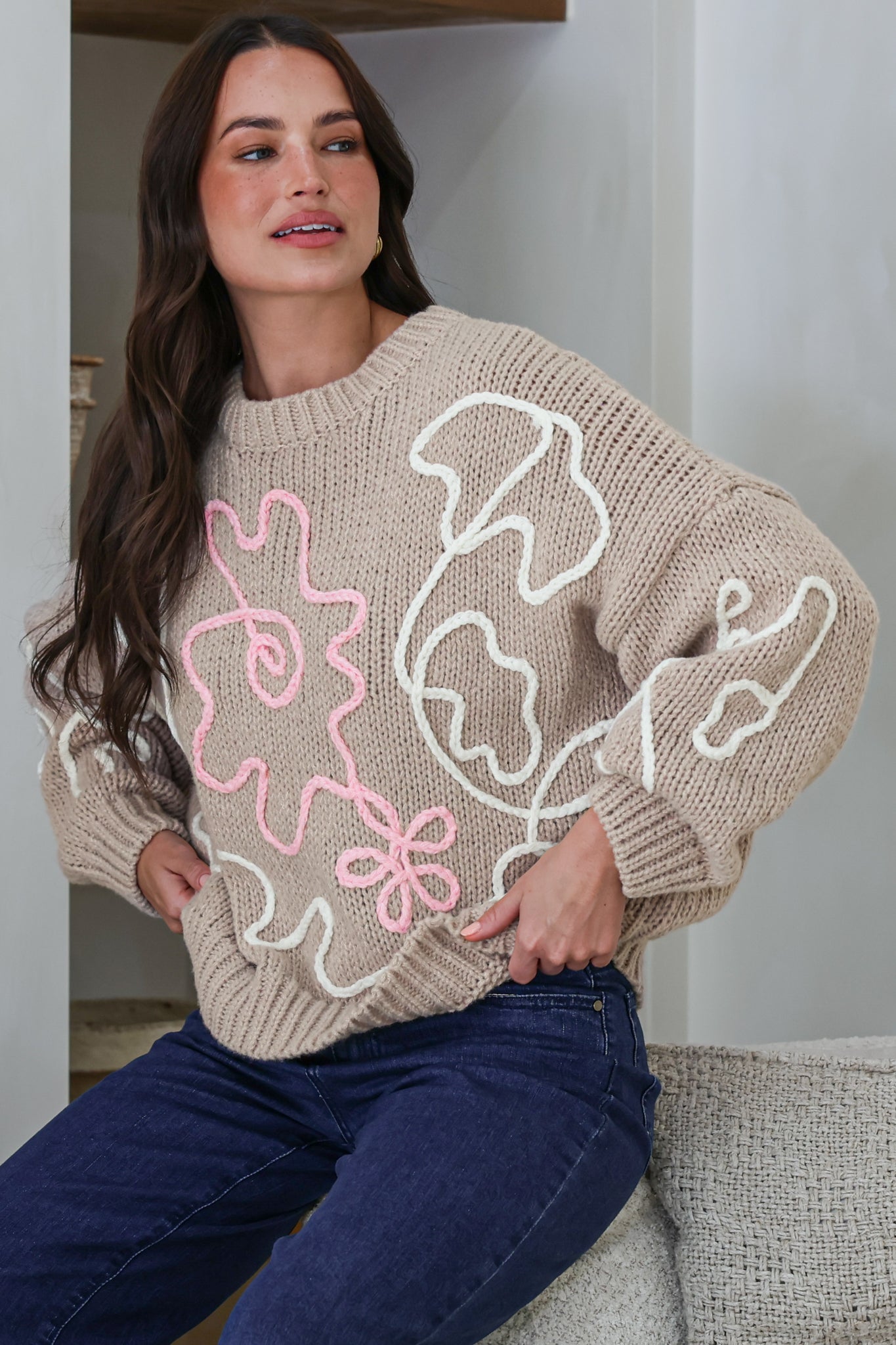 Lulu Jumper - Crew Neck Abstract Floral Motif Knit with Balloon Sleeves in Taupe