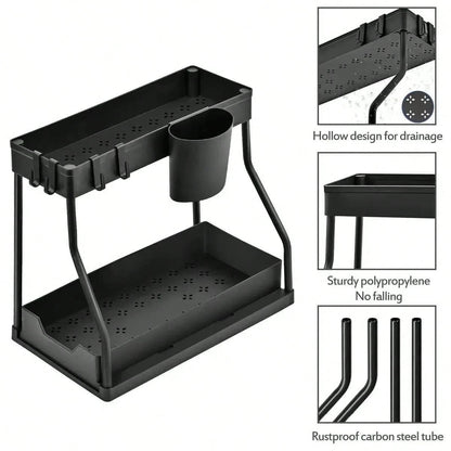 2 Pack Pull Out Under Sink Organizer, 2-Tier Sliding Kitchen Bathroom Cabinet Storage Shelf With Hanging Cups, Pipe Gap Compatible Storage Rack For Cleaning Supplies