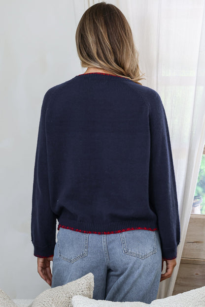 Maine Jumper - Contrast Stitch Crew Neck Knit with Embroidered Lobster Motif in Navy