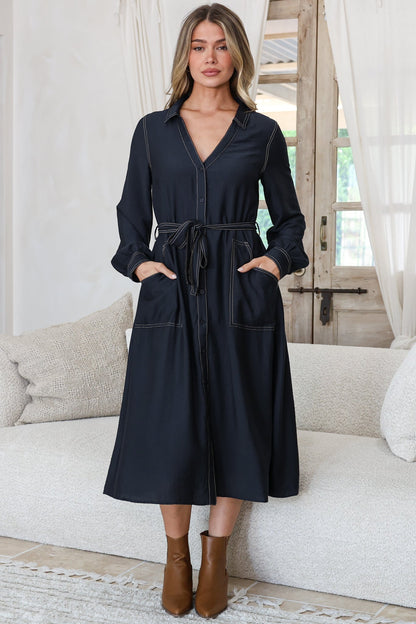 Maria Midi Dress - Wing Collar V Neck Contrast Stitch Shirt Dress with Balloon Sleeves and Belt in Indigo