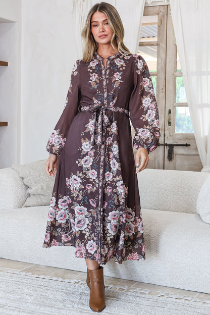 Moreana Midi Dress - Mandarin Collar Button Down Long Sleeve Dress with Belt in Fontana Print Brown