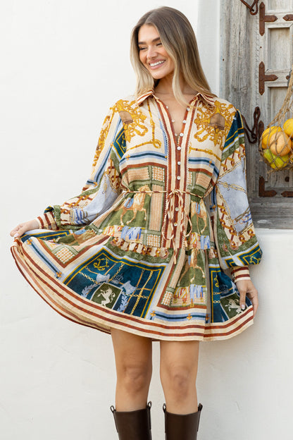 Morso Mini Dress - Wing Collar Front Button Placket Tiered Hem with Balloon Sleeves and String Belt in Regalia Print