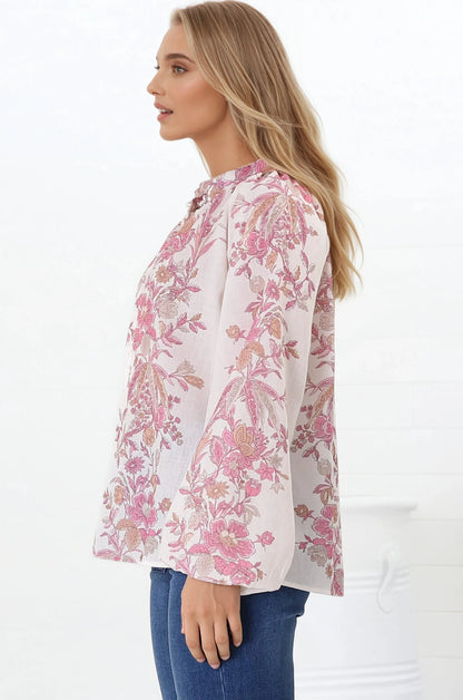 Nicola Blouse - Mandarin Collar Button Down Linen Blouse in Sorrel Print
