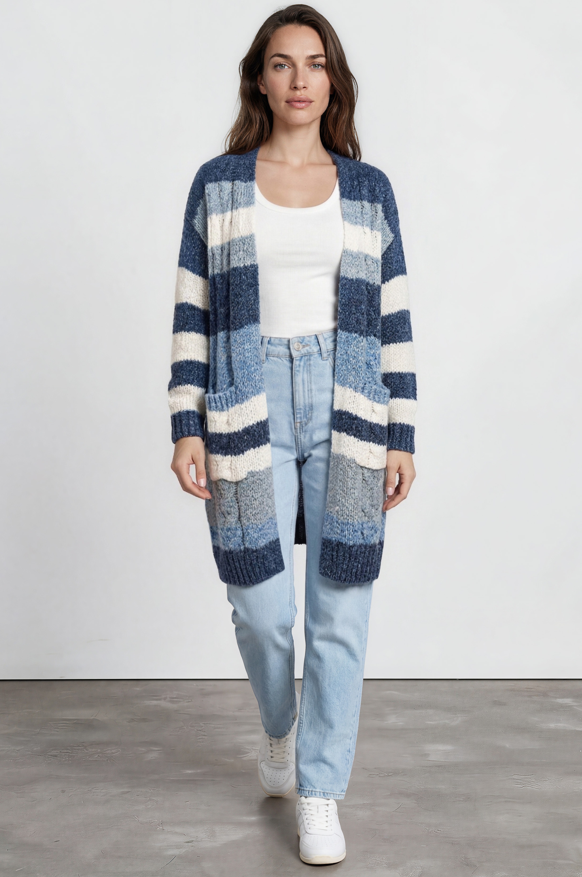 Ollie Cardigan - Open Front Stripe Knit with Pockets in Blue