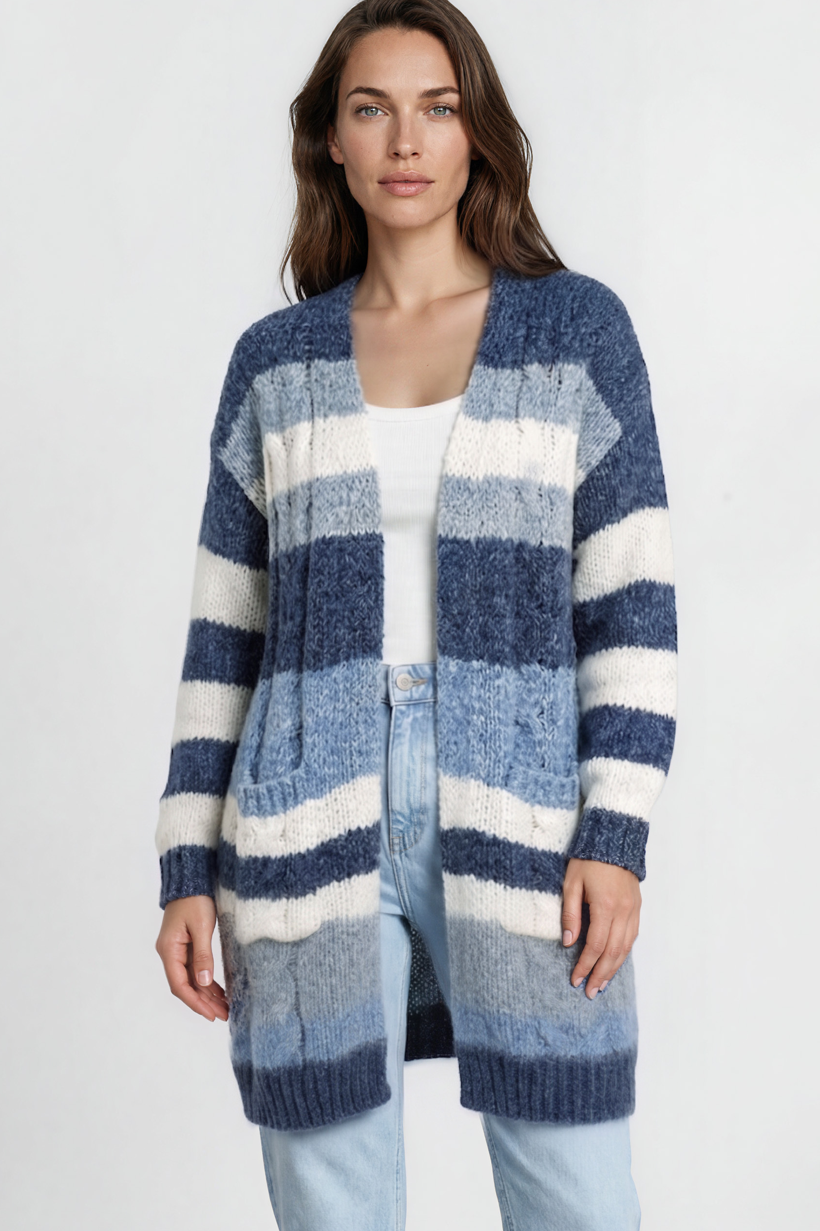 Ollie Cardigan - Open Front Stripe Knit with Pockets in Blue