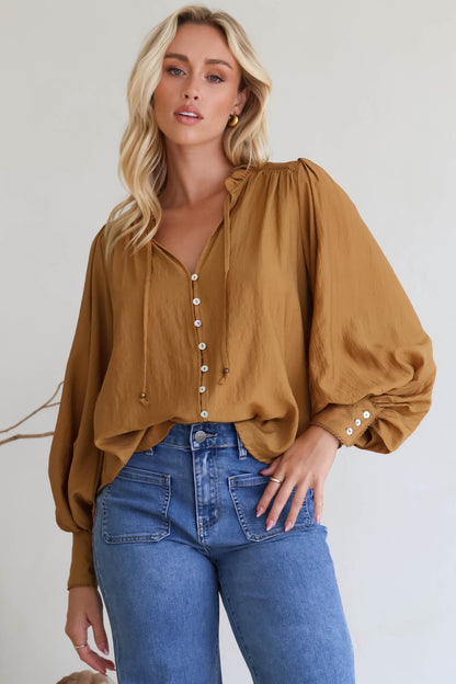 Perrio Blouse - Frill Collar Button Down Balloon Sleeve Shirt in Tan