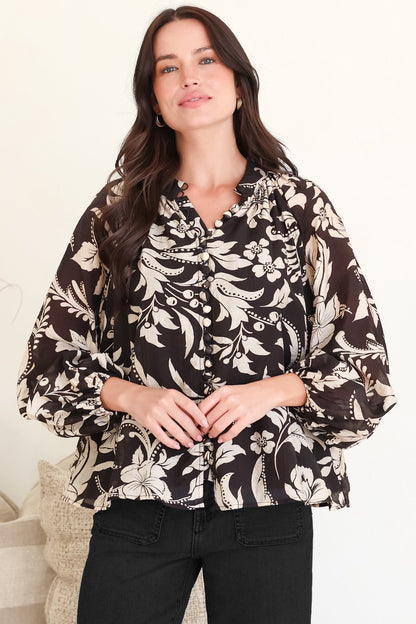 Portia Blouse - Button Down Mandarin Collar Shirt in Vendetta Print