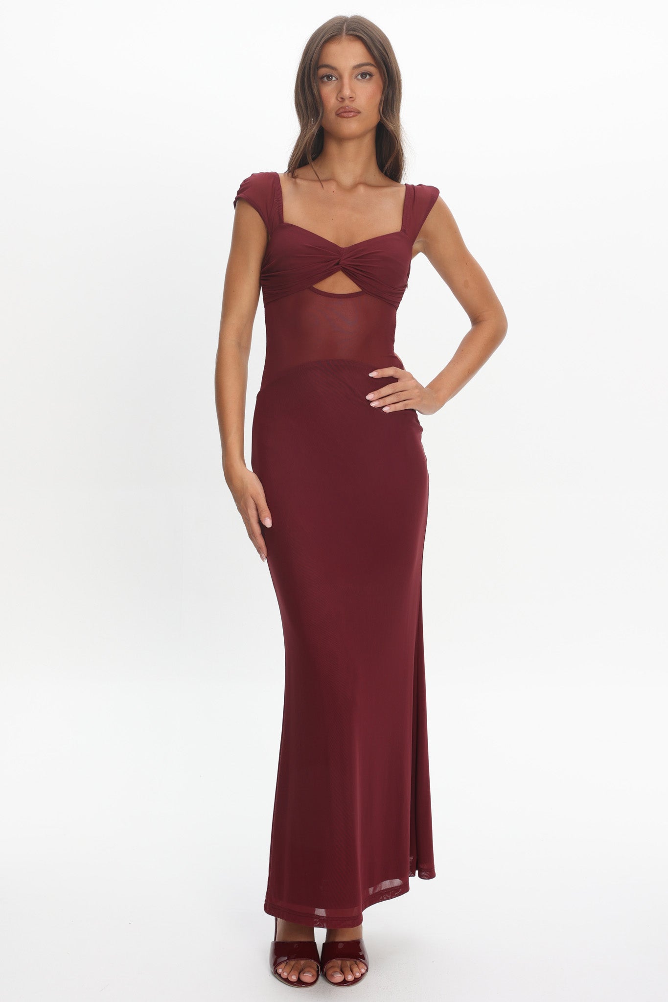 Renella Mesh Waist Maxi Dress Wine