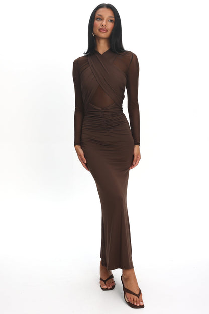 Esther Sheer Waist Maxi Dress Chocolate