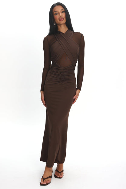 Esther Sheer Waist Maxi Dress Chocolate