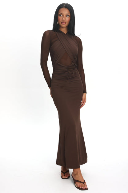 Esther Sheer Waist Maxi Dress Chocolate