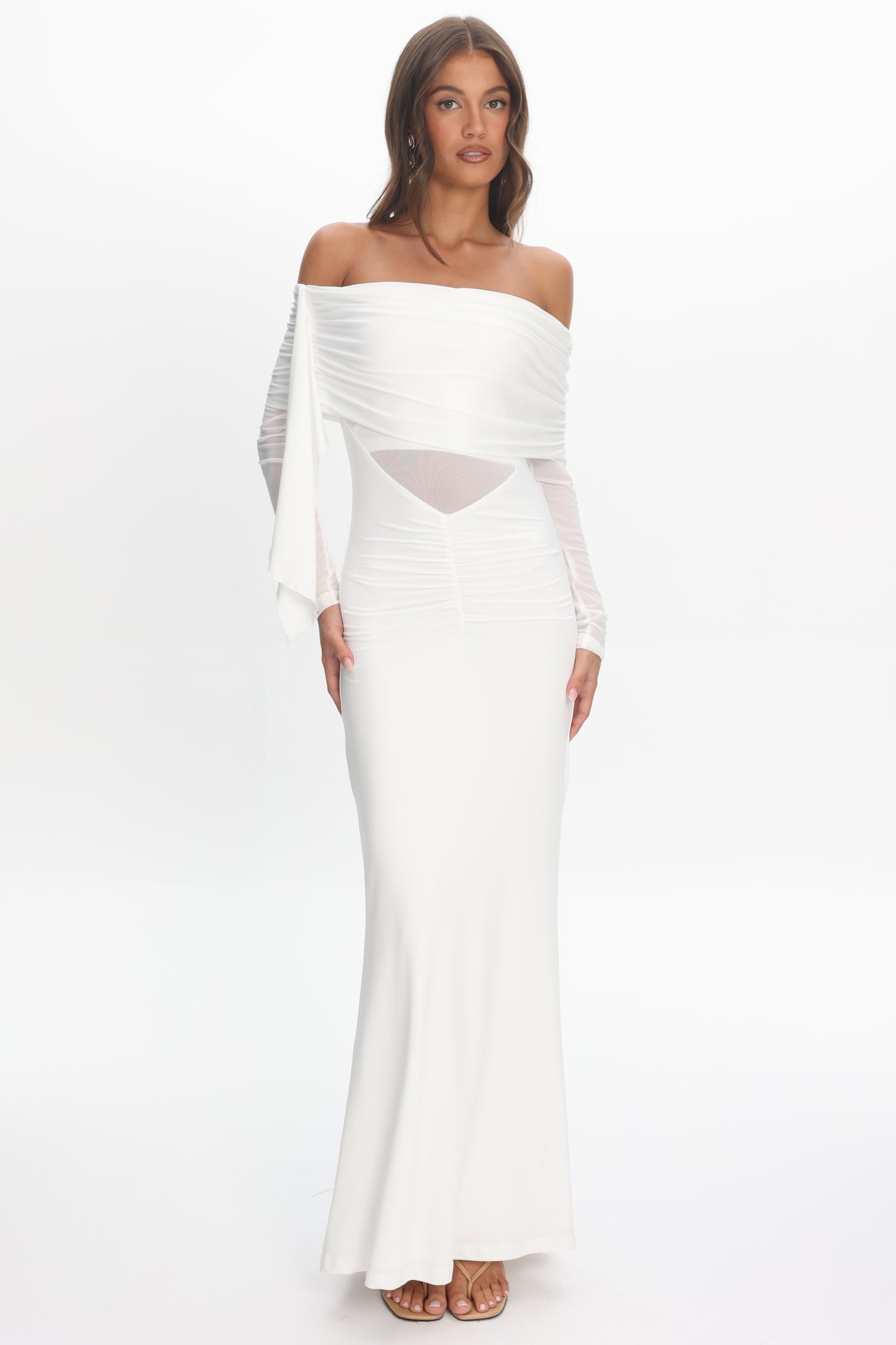 Marlowe Off-Shoulder Sheer Waist Maxi Dress Off White