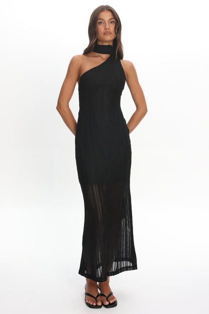Cozette One-Shoulder Knit Dress Black