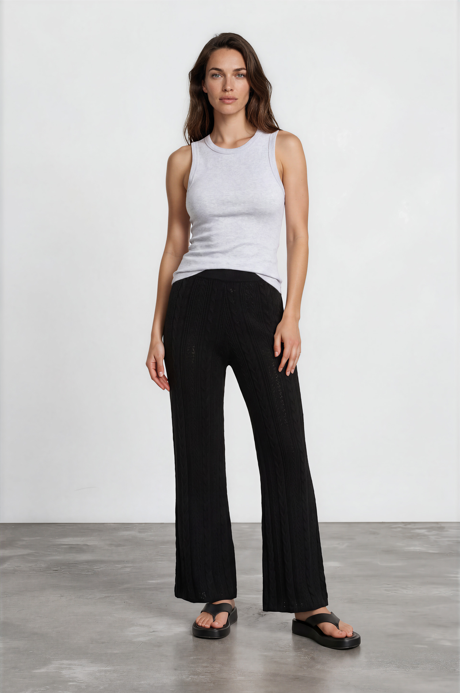 Ravio Knit Pants - High Waisted Cable Knit Flared Pants in Black