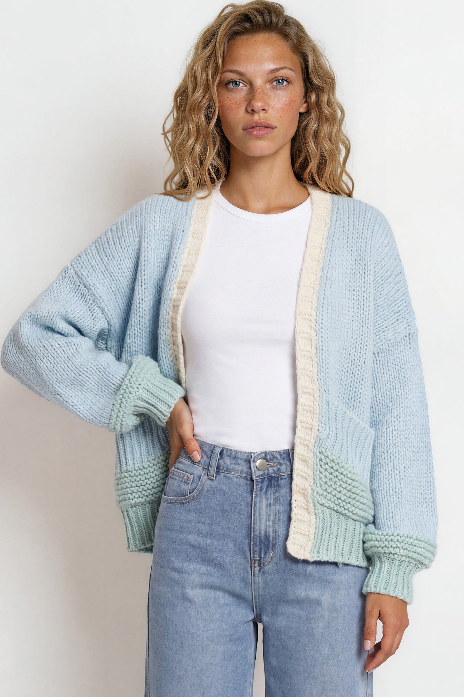 Rosie Cardigan - Cropped Colour Block Cardigan in Blue/Green