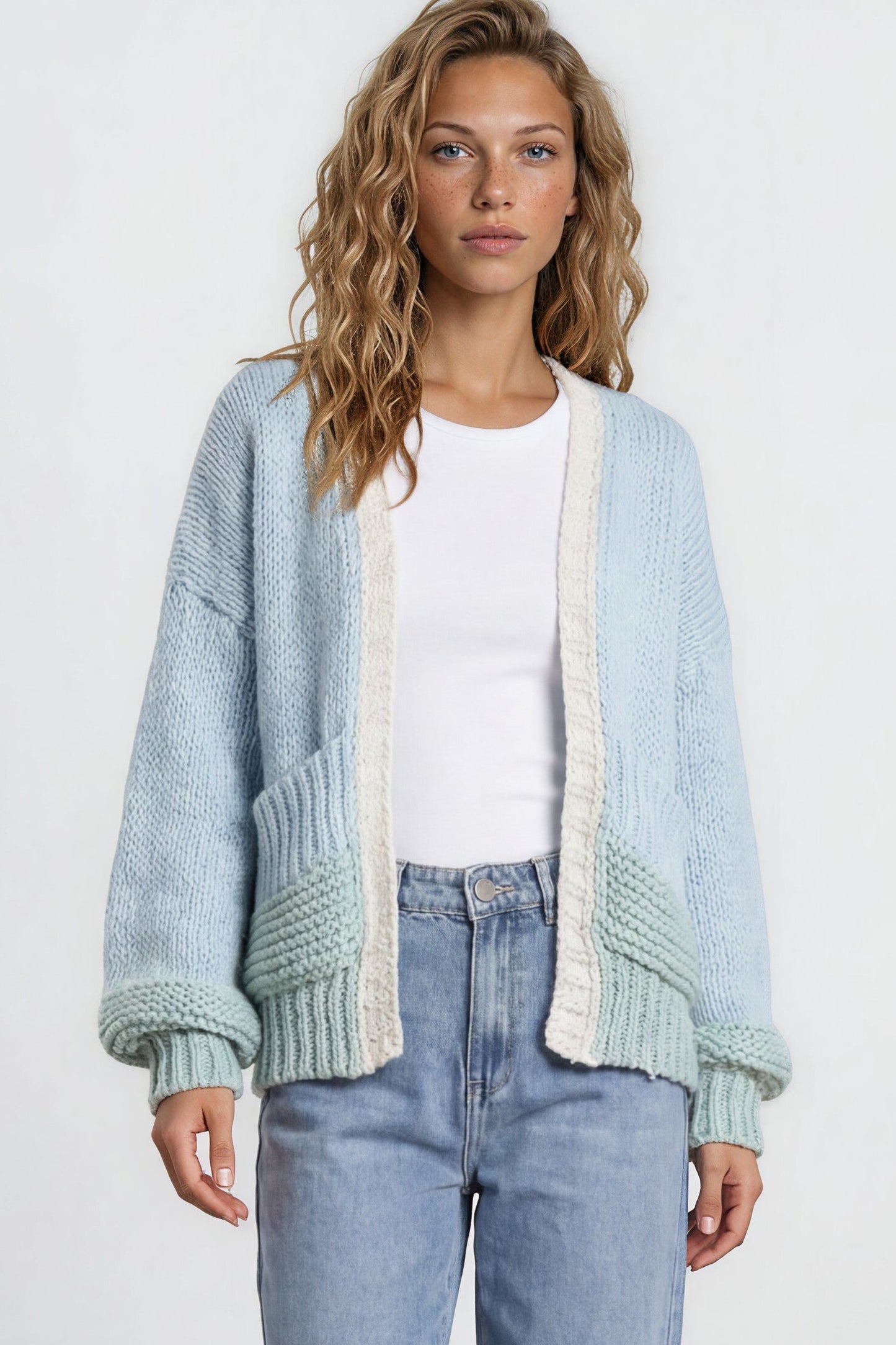 Rosie Cardigan - Cropped Colour Block Cardigan in Blue/Green