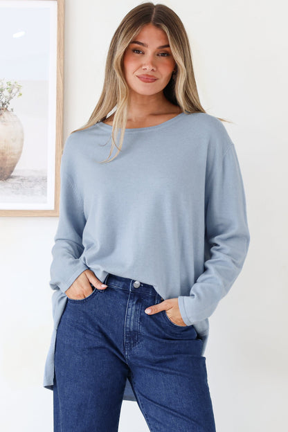 Rylee Jumper - Crew Neck Long Sleeve Pullover with Side Splits in Powder Blue