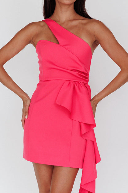 Lilleth One Shoulder Frill Feature Mini Dress Hot Pink