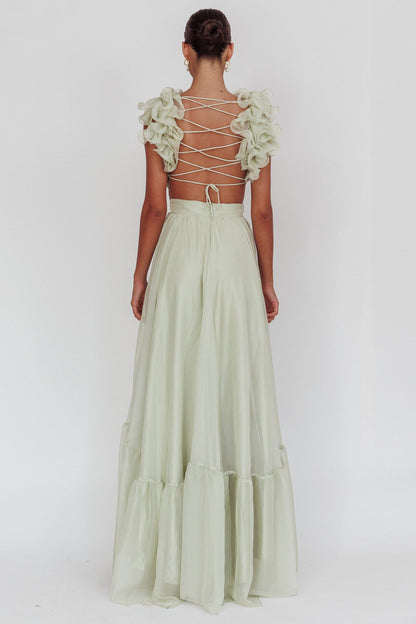 Bellamy Lace-Up Back Ruffle Maxi Dress Sage