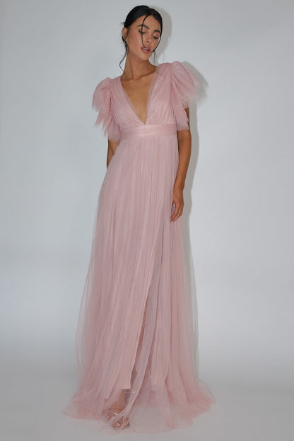 Heaven's Love Deep V-Neck Tulle Maxi Dress Blush