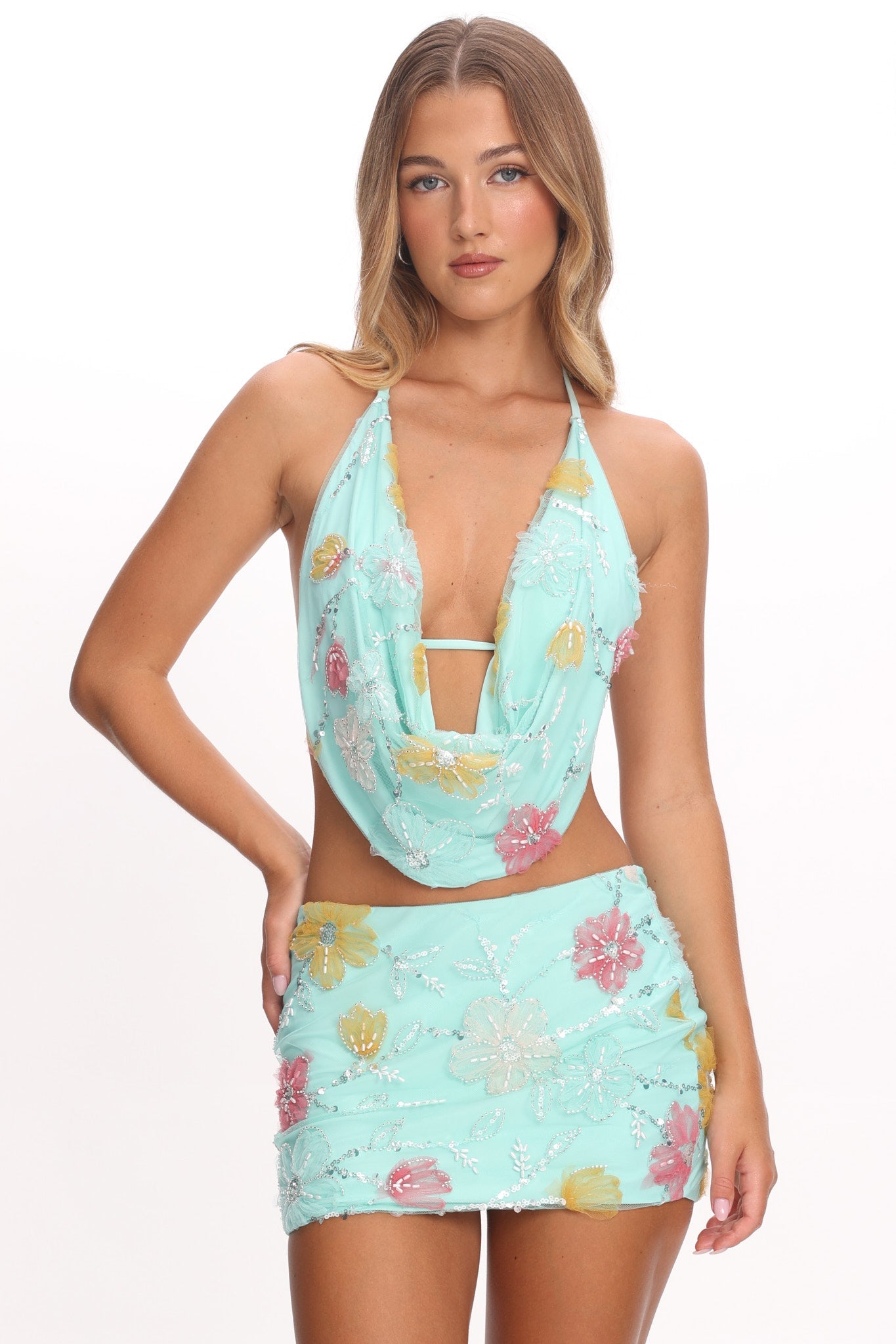 Kavera Embellished Mini Skirt Aqua Sequin