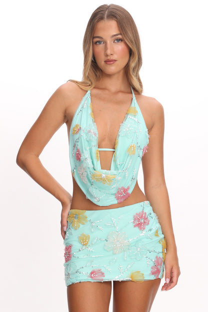 Kavera Embellished Mini Skirt Aqua Sequin