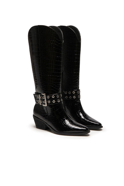 THERAPY Maiden Cowboy Boot Black Patent Croc